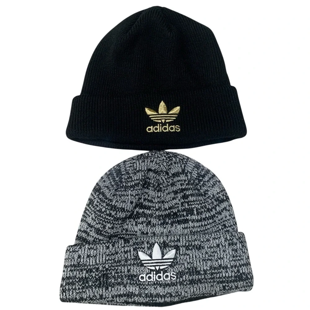 Adidas Originals Trefoil Knit Beanie Lot of 2 OSFM‎ Black Gold Gray New